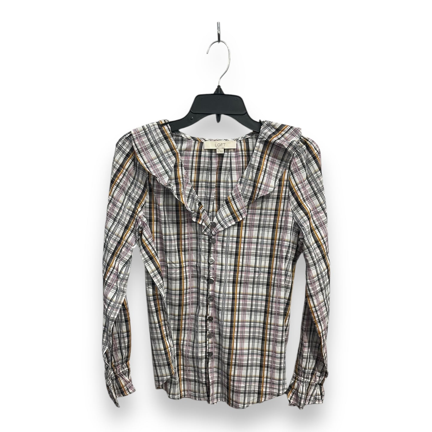 Blouse Long Sleeve By Loft In Plaid Pattern, Size: Xs